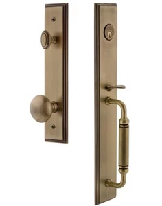 Grandeur Hardware Carre Handleset with C Grip & 5th Ave Knob Vintage Brass - Picture 1 of 4