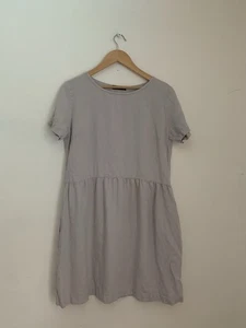 Linen Simplicity Babydoll Dress Sz M Light Gray  Pockets Lagenlook Minimalist - Picture 1 of 7