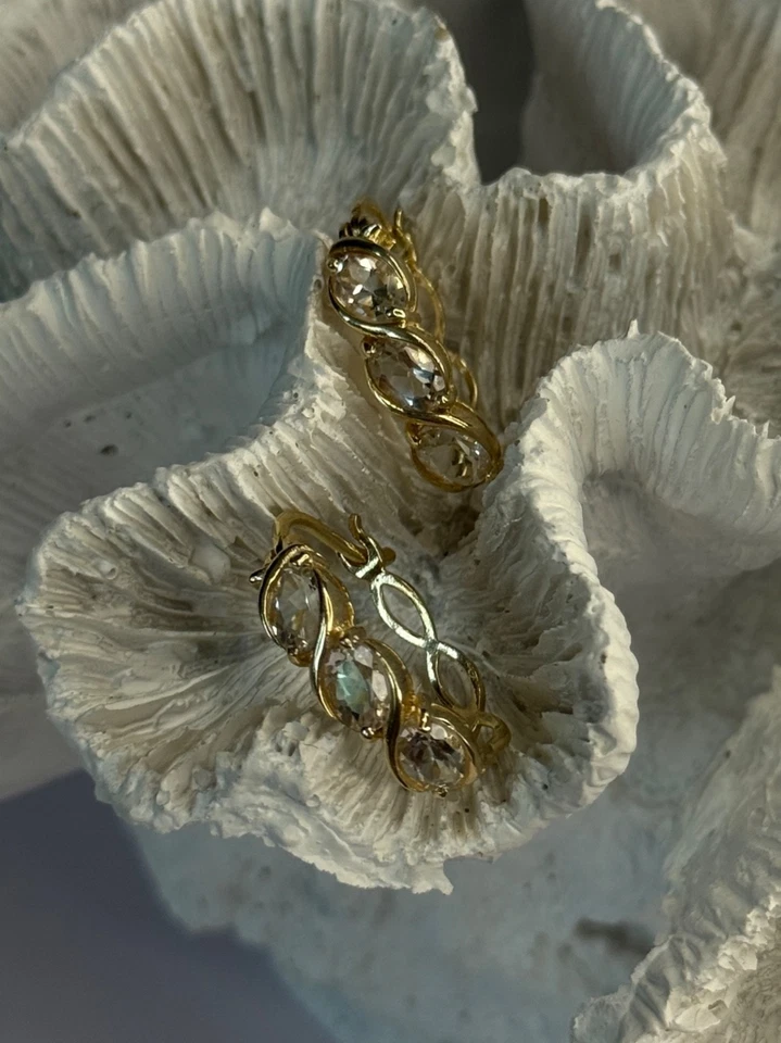 925 Sterling Silver Gold Plated White Topaz Earrings Length 0.90 Inch - Image 1 of 4