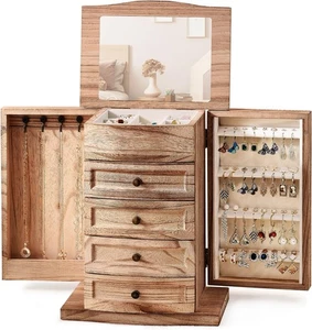 Joyero para Mujer, Organizador de Joyería de Madera y Almacenamiento con Espejo y Cajón - Imagen 1 de 7