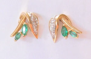.25ctw Marquise Emeralds 10K Yellow & White Gold Flower Leaf Post Earrings - Picture 1 of 9
