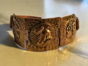 Copper Bracelet Vtg Hammered Panel Link Artisan Clasp Bracelet Leaf 7 Inch - Picture 1 of 9