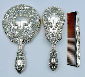 GORHAM STERLING SILVER 3 PIECE DRESSER SET- BUTTERCUP 23 MIRROR - BRUSH - COMB - Picture 1 of 17