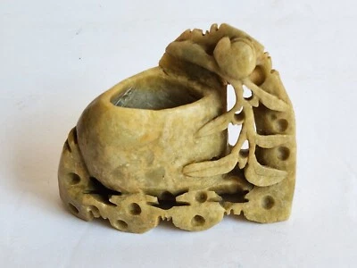 Antigua olla de cepillo china de piedra de jabón tallada a mano decorativa oriental intrincada Foto 1 de 4