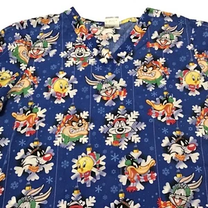 Looney Tunes Christmas Scrub Top Womens S M Bugs Bunny Taz Daffy Snowflakes - Picture 1 of 5