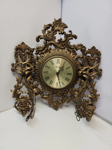 VTG MCM Hollywood Regency Burwood Homco Gold Wall Clock & Sconces Works Cover