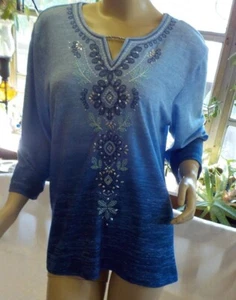 Alfred Dunner Embellished Top Size PXL NWT Blues Thread Embroidered Studs Beads - Picture 1 of 12