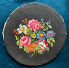 ANTIQUE VICTORIAN FLORAL WOOL TAPESTRY STOOL COVER / ROUNDEL, 34 CM