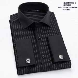 Mens Dress Shirts French Cuff Long Sleeves Striped Formal Cufflinks Shirts Tops - Picture 1 of 4