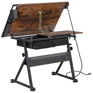 Adjustable Drafting Drawing Table Craft Tiltable Tabletop with Stool & Outlet - Picture 1 of 24
