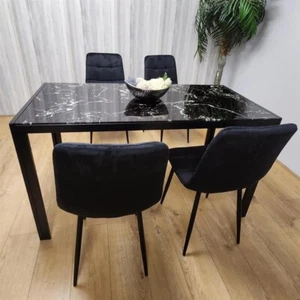 Black Marble Glass Dining Table Set with 4 Velvet Chairs Modern 120cm - Picture 1 of 12