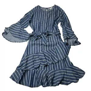 Habitual Chambray Dress Girls Blue White Stripe Long Bell Sleeve Belted Size 12 - Picture 1 of 11