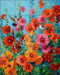 Hummingbird Hollyhocks Tile Mural Backsplash Mikki Senkarik Ceramic Art MSA285 - Picture 1 of 5