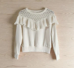 Anthropologie Sweater Ruffled Lace Crop Ivory Cotton Pullover Women Size Small - Picture 1 of 11