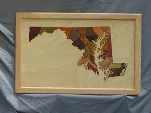 Intarsienkarte, Maryland, Kunst, Zuhause, Büro, Hartholz, exotisches Holz, Schnitzerei, Holzbearbeitung, - Bild 1 von 3