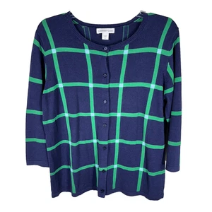 Coldwater Creek P L Navy Green Plaid 3/4 Sleeve Cardigan Sweater Preppy Trad - Picture 1 of 9