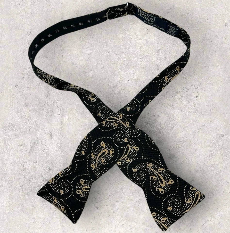 Pajarita de seda POLO RALPH LAUREN EE. UU. negra beige cachemira W:2,5" Foto 1 de 3