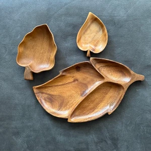 Monkey Pod Wood Leaf-Shaped Serving Tray Set Of 3 - Picture 1 of 8