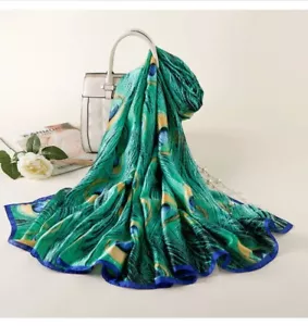 Seidentuch Damen Frauen Pfau Print Design grün/marine Hijab Tuch Halstuch Schal - Bild 1 von 4