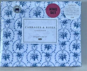 New NWT Cabbages and Roses 4 Pc KING Gray Sheet Set Julia Blue Luxury Cotton - Picture 1 of 4