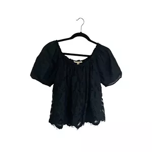 Anthropologie Moulinette Soeurs Black Lace Overlay Short Sleeve Top Womens Sz XS - Picture 1 of 11