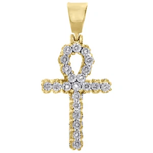 Mens Real Diamond Ankh Cross Pendant 1.25" Yellow Sterling Silver Charm 1/7 CT. - Picture 1 of 6