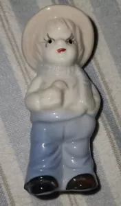 Vintage Figurine Porcelain Farm Boy Straw Hat Holding Bird Blue Pants Scarf 3.5" - Picture 1 of 4