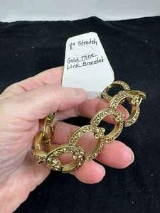 Bracelet 8" Decorated Links Stretch Rhinestone Vintage Gold M-6727 - Picture 1 of 3