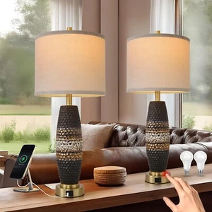 Bedroom Touch Bedside Lamp 3 Way Dimmable Farmhouse Table Lamp, Modern Glazed... - Picture 1 of 8