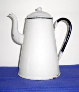 VINT FRENCH WHITE ENAMEL COFFEE POT SPOUT NAVY BLUE HANDLE COUNTRY KITCHEN #3 - Picture 1 of 10