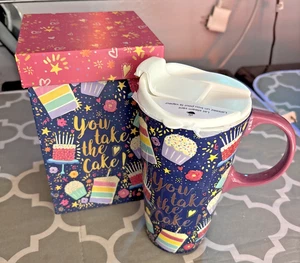 Evergreen You Take The Cake Birthday Ceramic 17 oz Travel Mug W/Lid in Box New - Picture 1 of 10