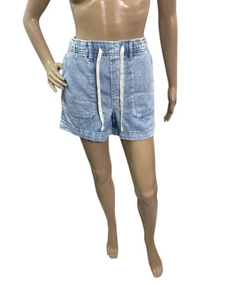 Pantalones Cortos Jean Gap Para Mujer Talla Pequeña Azul Sólido Cintura Elástica Tirar con Cordón Foto 1 de 4