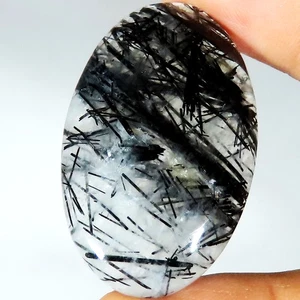 Natural Black RUTILE QUARTZ Oval Cabochon Gemstone 57.70 CT 26x43x6 mm LM-68 - Picture 1 of 7