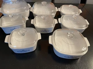 1980s CorningWare Casserole Bake Pot "Blue Cornflower" Huge 8Pc Set w/Glass Lids - Picture 1 of 14