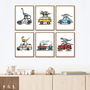 Dinosaurs Cars Truck Vehicles Wall Art Boys Room Décor 6 Set Prints - Picture 1 of 7