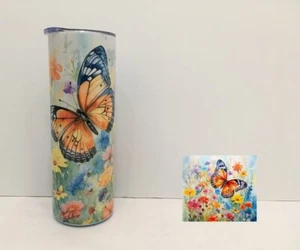 (1) NEW Butterfly w/Flowers Watercolor 20oz Insulated Straight Stainless Tumbler - Picture 1 of 7