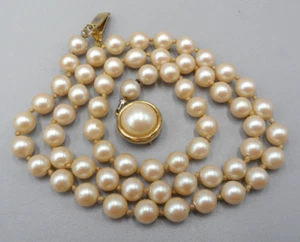 Vtg Knotted Faux Pearl Choker Necklace Cabochon Box Clasp Peachy Beige 50s 18" - Picture 1 of 7