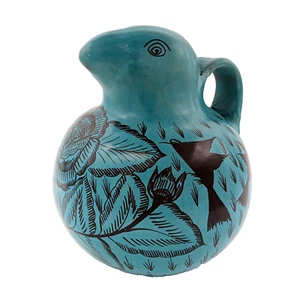 Mexican Burnished Clay Pottery Water Pitcher Vase Blue Bird Elena Felipe Felix - Picture 1 of 8