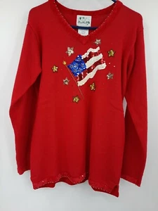 Quacker Factory USA Flag Sweater Red Size Small Tunic July 4th Sequins Patriotic - Picture 1 of 5