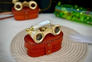 Brass Opera Glasses Mother of Pearl,Extendable Handle Custom Leather Case - Picture 1 of 9