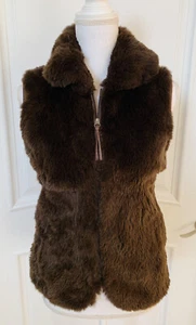 June Brown Reversible Rabbit Fur Satin Wool Blend Vest S Small Zip Up Excellent - Picture 1 of 7