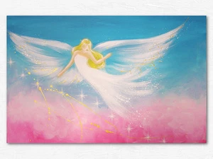 Wanddeko Kinderzimmer, Kunstfoto "Ich bin glücklich" Engelbild in Blau Rosa - Picture 1 of 2