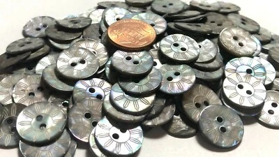8 PCS ONLY! Carved Sun ? Iridescent Abalone Shell Buttons 15mm Almost 5/8" 11665 - Image 1 of 4