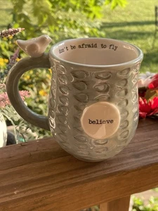 Mud Pie 16oz Blue/white mug don’t be afraid to fly – believe -bird on handle - Picture 1 of 9
