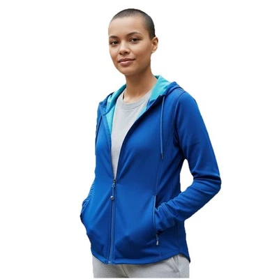 Sudadera deportiva con capucha y cremallera completa chaqueta azul agujeros para el pulgar liviana grande Foto 1 de 4