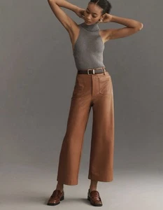 MAEVE By Anthropologie Colette Crop Wide Leg Pant Faux Leather NWT Camel SZ 25 - Picture 1 of 8
