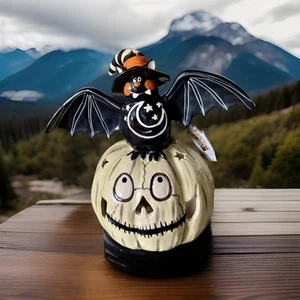 Blue Sky Clayworks Halloween Bat On Gray Pumpkin Tealight Candle Holder- - Picture 1 of 4
