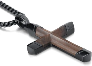 Cross Necklace for Men, Real Ebony Wooden Mens Cross Necklace Black Stainless St - Picture 1 of 12