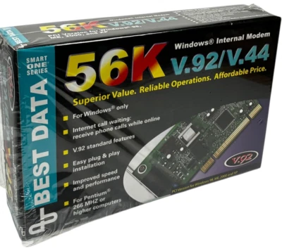 BEST DATA 56K WINDOWS INTERNAL PCI MODEM, V.92/V.44 - NEW SEALED Internet Dial - Image 1 of 4