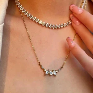 Gold plated brass Emerald CZ diamond Tennis chain choker necklace women - Picture 1 of 10